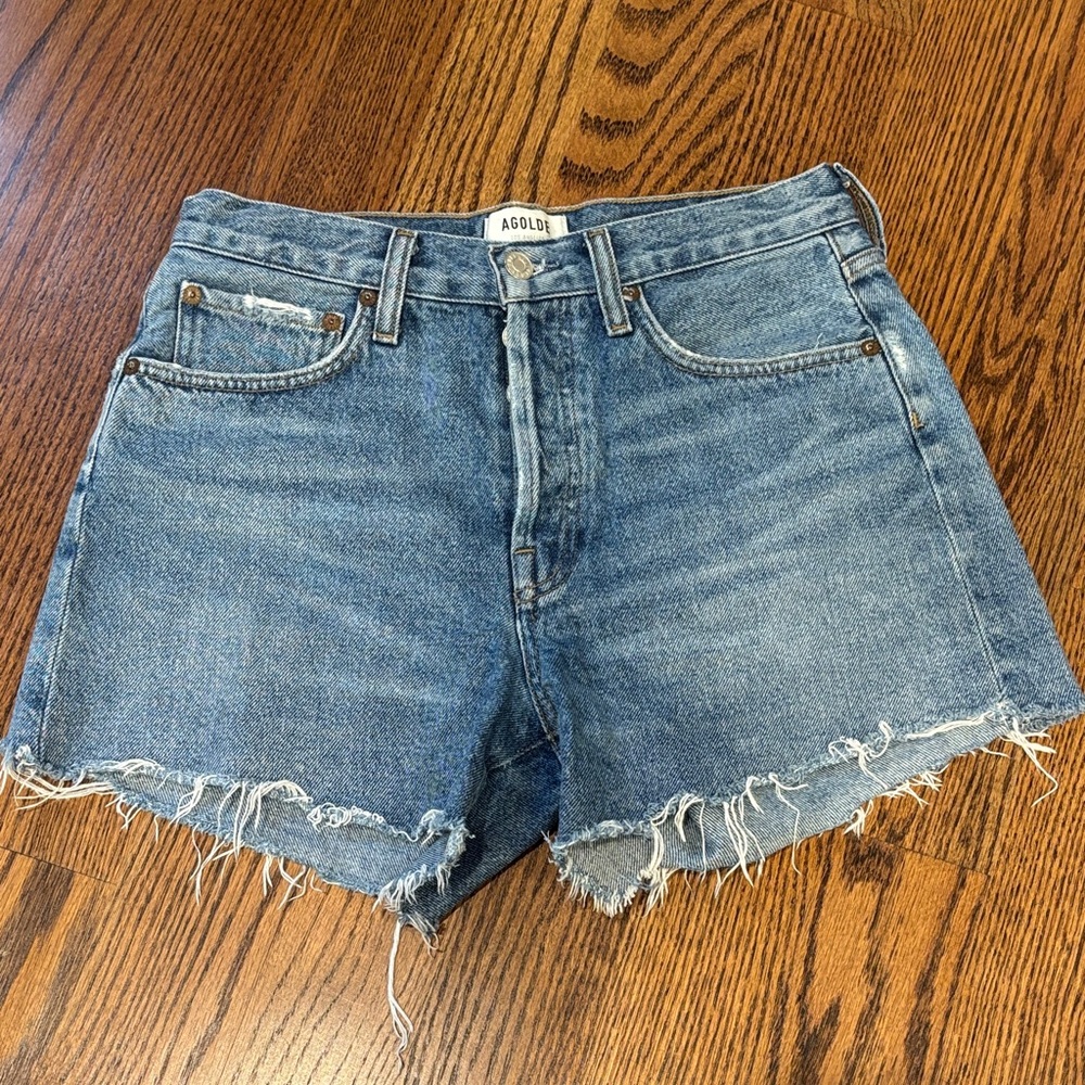 Agolde Blue Frayed Hem Denim Shorts